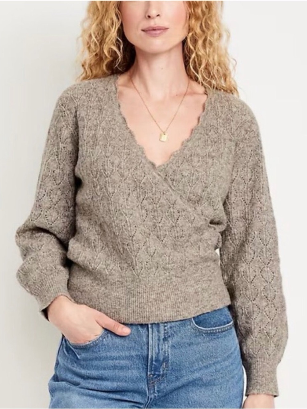 Old Navy Wool-Blend Wrap-Front Brown Tan Sweater Medium
